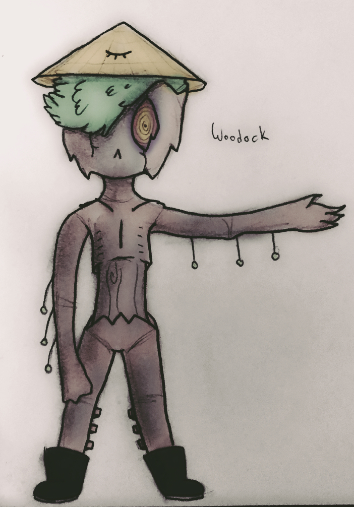 1_eye ambiguous_gender clothed clothing conical_hat eyes_closed featureless_crotch green_hair grey_body grey_skin hair hat headgear headwear leaf leaf_hair mostly_nude not_furry one_arm partially_clothed plant plant_hair pseudo_hair raised_arm ribs solo text tree wdkinc woodock demon elemental_creature elemental_humanoid flora_fauna humanoid plant_humanoid treant tree_humanoid