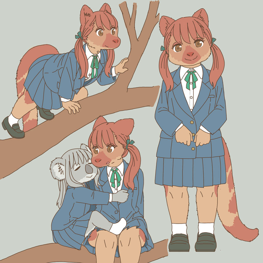 anthro brown_eyes clothed clothing duo eyes_closed female fingers footwear kemono open_mouth school_uniform shoes socks uniform ekaki510 koala macropod mammal marsupial tree-kangaroo vombatiform 1:1 2023 digital_media_(artwork)