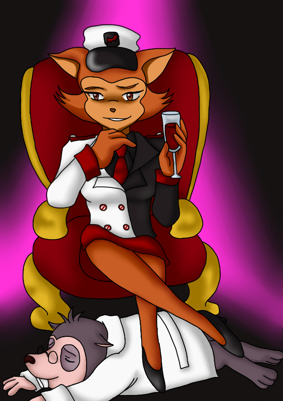 alcohol anthro beverage breasts clothed clothing duo female food hat headgear headwear sitting smile uniform wine dinredfire patrol_03 pamela_bondani domestic_cat felid feline felis mammal