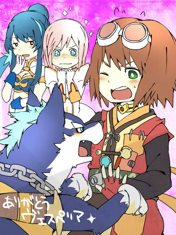 anthro blue_body blush bodily_fluids clothed clothing female feral group humanoid_hands sweat text white_body nikiciy bandai_namco tales_of_(series) tales_of_vesperia estelle_(tales_of_vesperia) judith_(tales_of_vesperia) repede rita_mordio canid canine canis domestic_dog human mammal 3:4 japanese_text