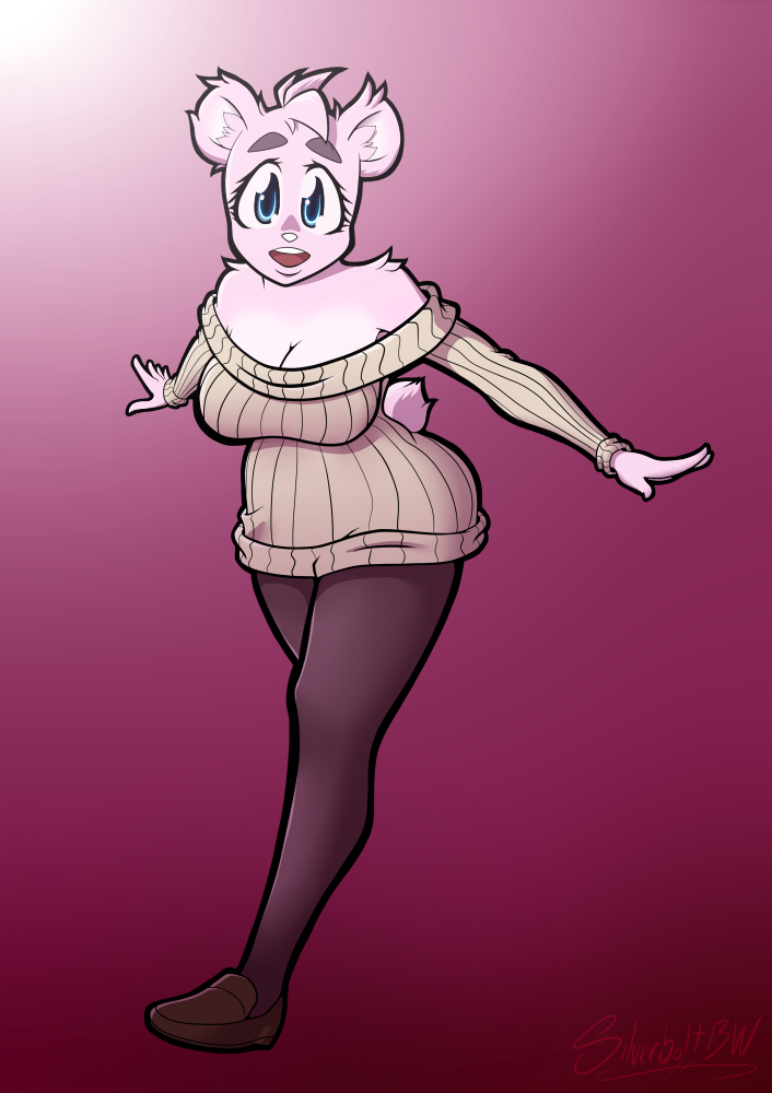 anthro bare_shoulders big_butt blue_eyes butt clothed clothing female fully_clothed fur leggings legwear looking_at_viewer pantyhose pink_body pink_fur running slightly_chubby smile solo sweater sweater_dress thick_thighs topwear silverboltbw lilly_(silverboltbw) bear mammal 2019 digital_media_(artwork)