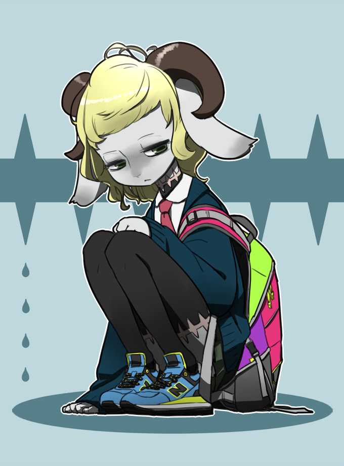 anthro blonde_hair blue_eyes clothing female hair horn kemono simple_background solo yoji_gen bovid caprine domestic_sheep hair_sheep mammal sheep wiltshire_horn letterbox