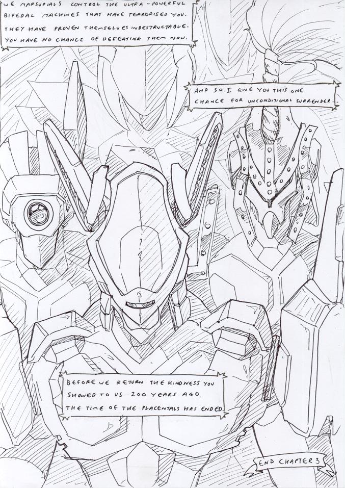 dialogue knight_armor lens looking_at_viewer machine mecha metal_wings speech_bubble technology text threatening wings zero_pictured kitfox-crimson stolen_generation black_and_white comic english_text monochrome sketch