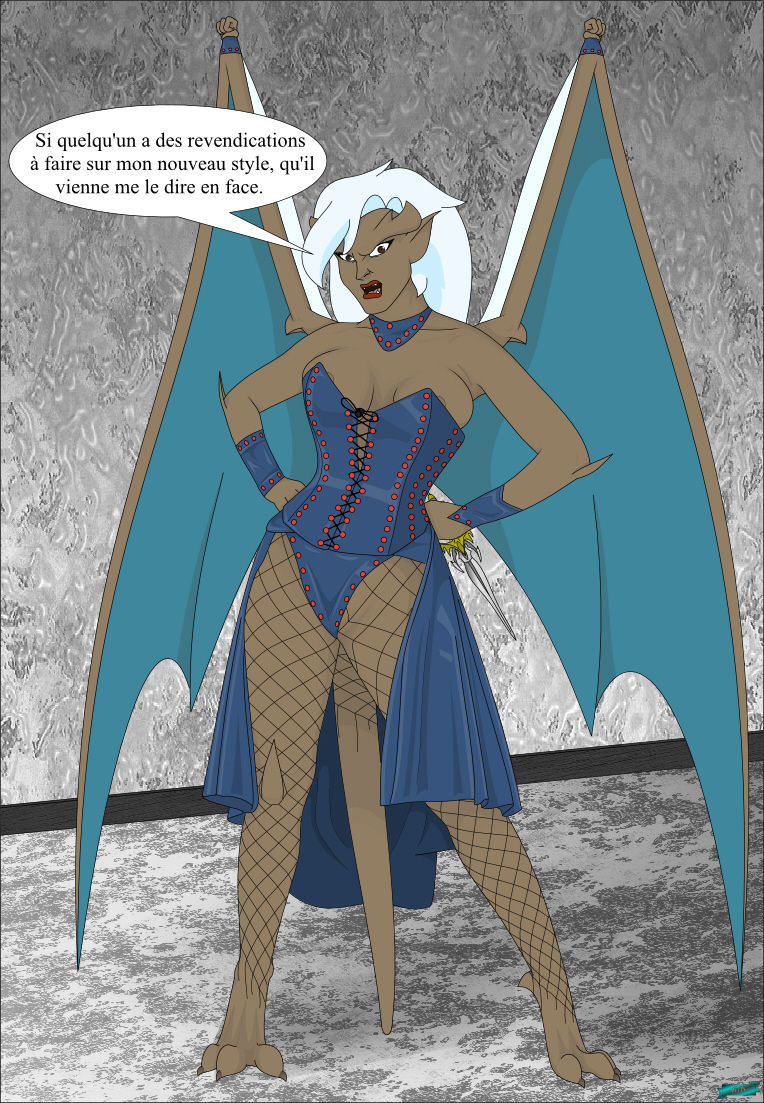 angry areola bat_wings breasts clothed clothing corset dialogue digitigrade female fishnet_clothing fishnet_legwear hair irl_trace knife latex legwear lingerie membrane_(anatomy) membranous_wings solo teal_wings text topwear white_hair white_wings wings fab3716 disney gargoyles delilah_(gargoyles) gargoyle humanoid french_text translated