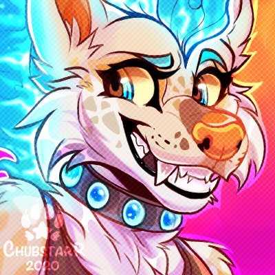 anthro black_collar blue_eyebrows blue_eyes blue_gem blue_hair brown_body brown_fur collar eyebrows fangs fire fire_dog flaming_hair fur gem hair magenta_background male orange_background orange_nose pseudo_hair simple_background smile solo teeth white_body white_fur chu_chubstarr 2manystripes 1:1 headshot_portrait icon low_res portrait