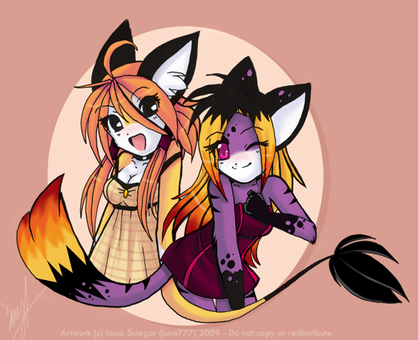 anthro dipstick_tail duo female markings one_eye_closed open_mouth tail tail_markings tail_tuft tuft wink luna777 akemi_(luna777) taratsu_(character) moondog