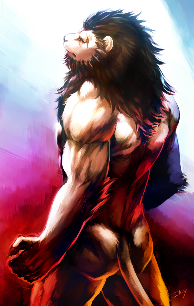 abs anthro beard biceps brown_hair facial_hair facial_scar hair looking_back male muscular muscular_anthro muscular_male nude paws pecs red_eyes scar solo sky_gomi felid lion mammal pantherine