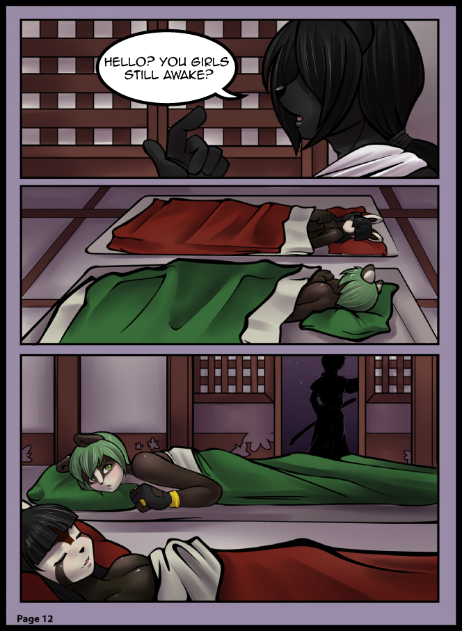 anthro bed black_hair breasts door eyes_closed female furniture green_hair group hair male silhouette sleeping standing theblackrook after_dark_(comic) sayuri_x_nanase nanase rhade sayuri ailurid badger canid canine canis mammal mustelid musteline red_panda wolf comic digital_media_(artwork)