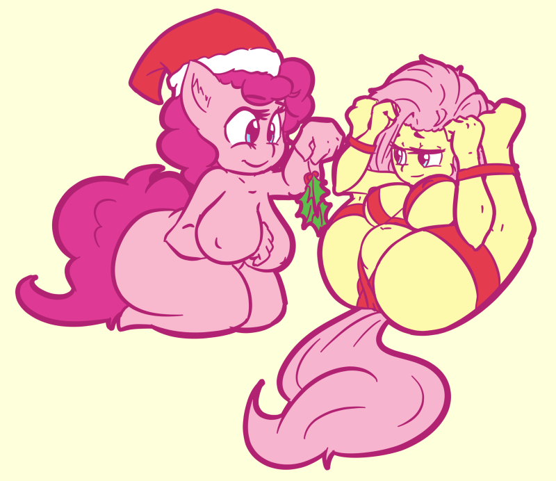 anthro anthrofied bdsm big_breasts bondage bound breast_squish breasts christmas_clothing christmas_headwear clothing duo female female/female flexible folded hat headgear headwear holidays holly_(plant) legs_up nipples nude plant santa_hat squish snus-kun christmas friendship_is_magic hasbro my_little_pony fluttershy_(mlp) pinkie_pie_(mlp)