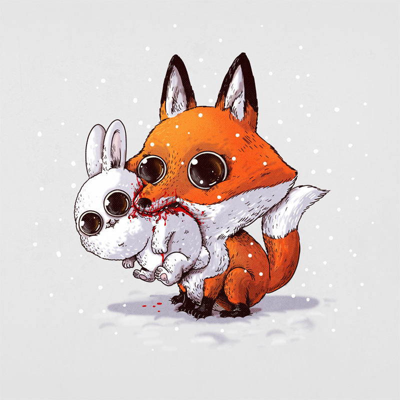 ambiguous_gender blood bodily_fluids chibi duo feral gore happy outside size_difference snow what alex_solis canid canine fox lagomorph leporid mammal rabbit 1:1