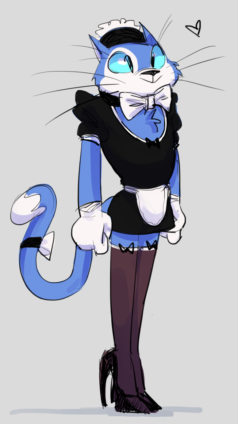 anthro blue_body bow_tie chest_tuft clothed clothing crossdressing footwear grey_background heart_symbol high_heels legwear maid_uniform male shoes simple_background solo standing thigh_highs tuft uniform whiskers dbaru mighty_magiswords cattus_the_one_blade domestic_cat felid feline felis mammal 2018 full-length_portrait hi_res portrait