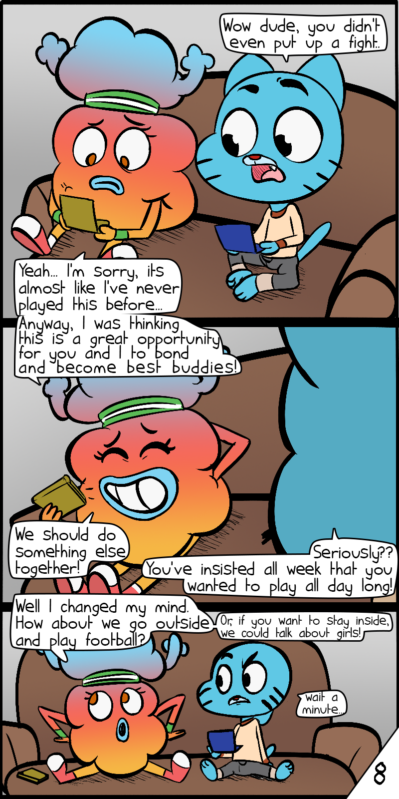 anthro dialogue duo furniture horn oblivious sofa speech_bubble text vinoda cartoon_network the_amazing_world_of_gumball gumball_watterson penny_fitzgerald tobias_wilson domestic_cat felid feline felis mammal 1:2 comic english_text hi_res