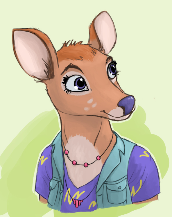 anthro brown_body brown_fur brown_hair clothed clothing countershade_torso countershading female fur green_background hair jewelry looking_away necklace purple_eyes purple_nose simple_background smile solo awepossum bojack_horseman netflix charlotte_moore deer mammal bust_portrait portrait