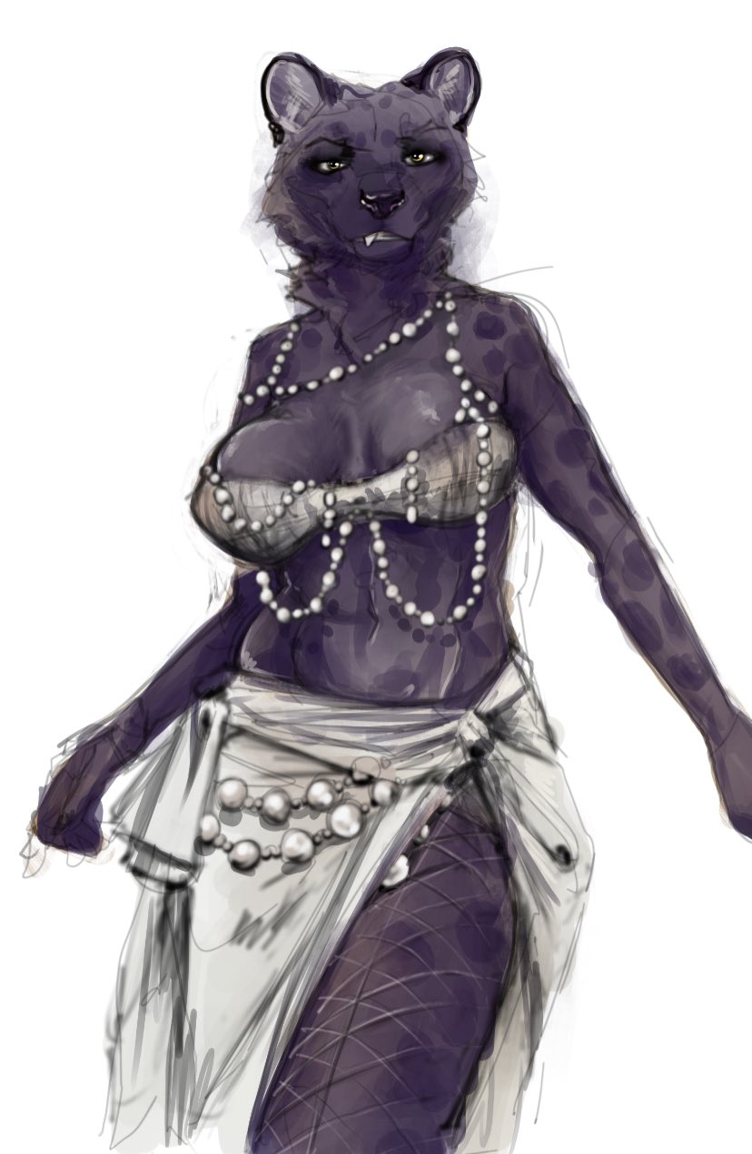 anthro bra breasts clothing female fishnet_clothing fishnet_legwear fur jewelry legwear looking_at_viewer markings necklace overbite_fang simple_background solo_in_panel split_skirt spots spotted_body spotted_fur underwear white_background banoncat felid mammal pantherine 2023 hi_res