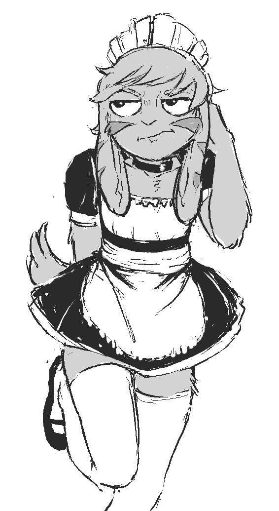 annoyed anthro biped bottomwear choker clothed clothing crossdressing femboy fur jewelry leggings legwear long_ears maid_uniform male necklace simple_background skirt solo striped_body striped_fur stripes uniform upset smekbo latchkey_kingdom jalak lagomorph mammal nu-ray yuman monochrome