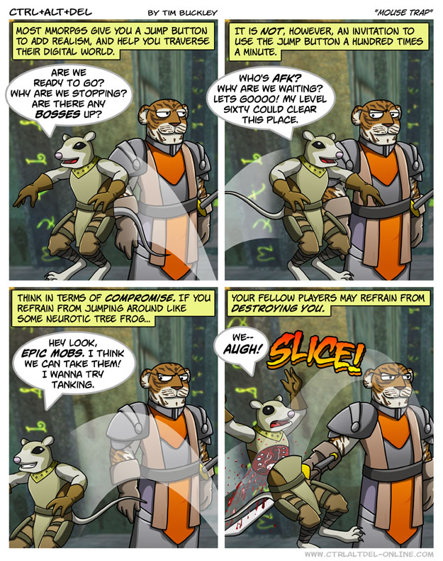 anthro armor commentary dialogue duo gore humor joke male melee_weapon sword tail text weapon wounded tim_buckley everquest buckley felid kerra mammal pantherine ratonga rodent tiger english_text