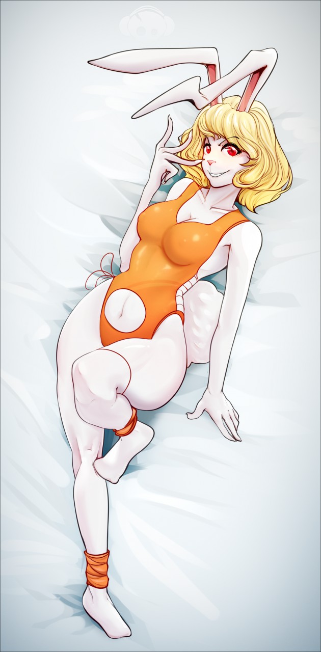 anthro bent_ears blonde_hair breasts clothing cutout female fur hair long_ears lying navel navel_cutout nipple_outline on_back one-piece_swimsuit pink_nose red_eyes smile solo swimwear teeth white_body white_fur mycrys one_piece carrot_(one_piece) lagomorph leporid mammal minkmen_(one_piece) rabbit hi_res