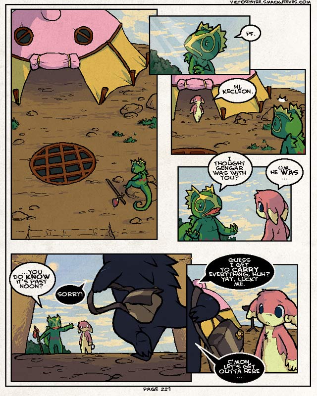 dialogue female group male speech_bubble text sulfurbunny_(artist) nintendo pokemon pokemon_mystery_dungeon pokemon_victory_fire spike_chunsoft jen_(vf) audino generation_1_pokemon generation_3_pokemon generation_5_pokemon gengar kecleon pokemon_(species) 4:5 comic digital_media_(artwork) english_text microsoft_paint_(artwork)