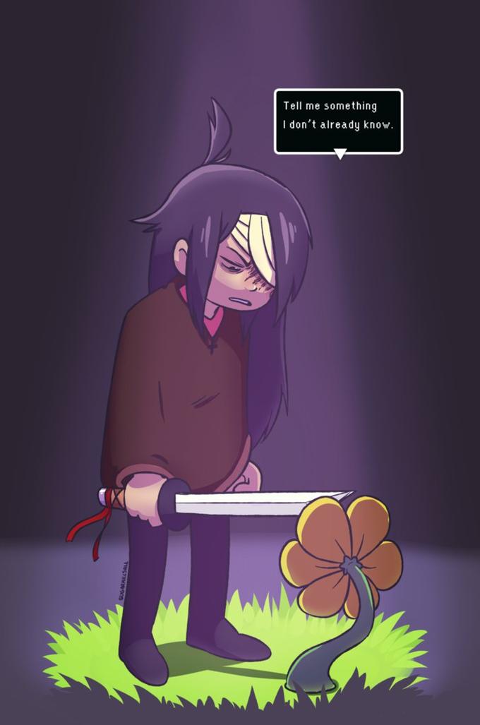 bandage black_hair clothing duo female hair melee_weapon not_furry plant poncho scar simple_background sword text weapon sugarkills dingaling_productions lisa_the_joyful lisa_the_painful undertale undertale_(series) buddy_armstrong flowey_the_flower human mammal monster crossover english_text