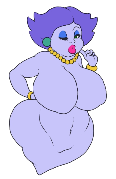 big_breasts bracelet breasts ear_piercing ear_ring featureless_breasts featureless_crotch female green_eyes hair huge_breasts humanoid_face jewelry lipstick looking_at_viewer makeup navel necklace not_furry one_eye_closed piercing purple_body purple_hair ring_piercing solo wink snugundies third-party_edit mario_bros nintendo paper_mario paper_mario:_the_thousand_year_door madame_flurrie ghost humanoid spirit