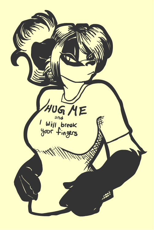 anthro big_breasts breasts clothed clothing female hair half-closed_eyes hug_me_and_i_will_break_your_fingers looking_at_viewer narrowed_eyes ponytail shirt solo text topwear uhoh mitti mandi_(touchmybadger) badger mammal mustelid musteline black_and_white english_text monochrome source_request unavailable_at_source