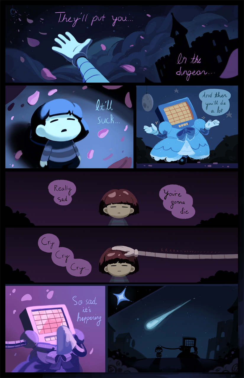 ambiguous_gender clothing dress machine male not_furry singing text loopy-lupe undertale undertale_(series) frisk_(undertale) mettaton human mammal robot 2016 comic english_text hi_res