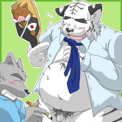 anthro balls belly black_nose blush clothed clothing duo eyes_closed flaccid fur genitals holidays humanoid_genitalia humanoid_hands humanoid_penis kemono male male/male navel open_clothing open_shirt open_topwear overweight overweight_male penis shirt topwear white_body white_fur oogamikennta new_year canid canine canis domestic_dog felid mammal pantherine tiger 1:1 2007 censored low_res mosaic_censorship