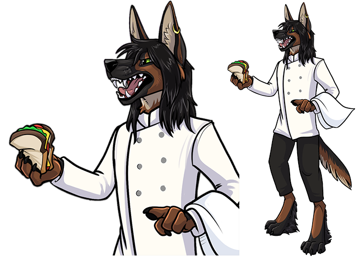 anthro athletic athletic_anthro athletic_male black_body black_fur black_hair black_nose blue_eyes body_hair brown_body brown_fur chef chef_uniform claws ear_piercing ear_ring fingers food fur german hair heterochromia long_hair male piercing ring_piercing sandwich_(food) shepherd tan_body tan_fur telegram_sticker likeshine afevis_(character) canid canine canis domestic_dog german_shepherd herding_dog mammal pastoral_dog alpha_channel