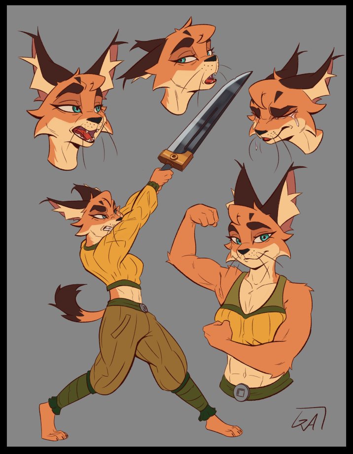 abs anthro barefoot black_border bodily_fluids border bottomwear clothing crop_top feet female melee_weapon midriff muscular muscular_female pants shirt simple_background smile solo sword tears topwear weapon galinn-arts caracal caracal_(genus) felid feline mammal 2022 expression_sheet