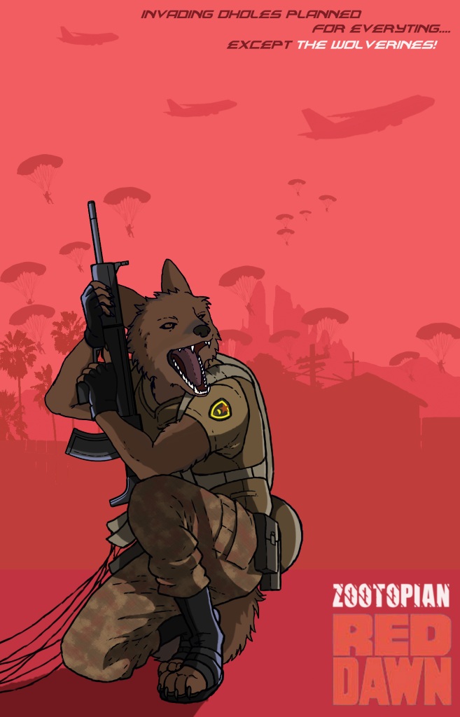 5_fingers aircraft airplane anthro assault_rifle athletic athletic_anthro athletic_male battle bottomwear brown_body brown_fur brown_nose brown_tail bullpup camo camo_bottomwear camo_clothing camo_pants camo_print city clothing communism detailed_background fingers fluffy fluffy_tail front_view fur group gun holding_object holding_ranged_weapon holding_weapon kneeling male military on_one_knee open_mouth pants paratrooper pattern_bottomwear pattern_clothing pattern_pants politics ranged_weapon rifle sa80 snout soldier solo_focus tail tan_bottomwear tan_clothing tan_pants teeth text three-quarter_view uniform vehicle warrior weapon aleone red_dawn spetsnaz canid canine dhole mammal english_text