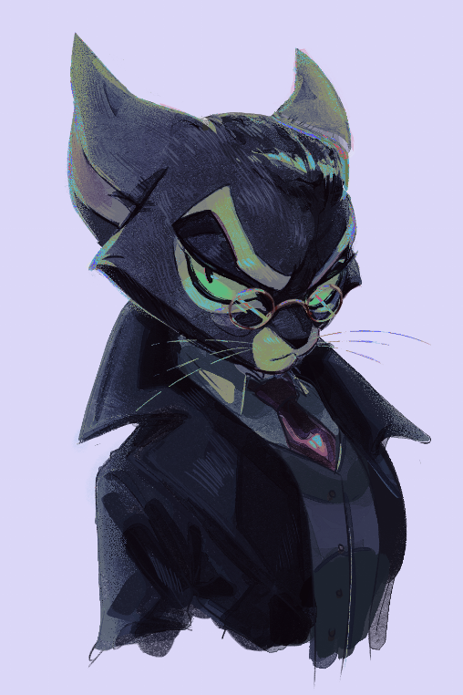 anthro black_body black_fur clothed clothing coat eyebrows eyewear frown fur glasses green_eyes looking_at_viewer male markings necktie purple_background round_glasses simple_background solo suit topwear whiskers white_markings meow286 lackadaisy mordecai_heller domestic_cat felid feline felis mammal 2023 2:3 digital_media_(artwork) digital_painting_(artwork) painting_(artwork) shaded