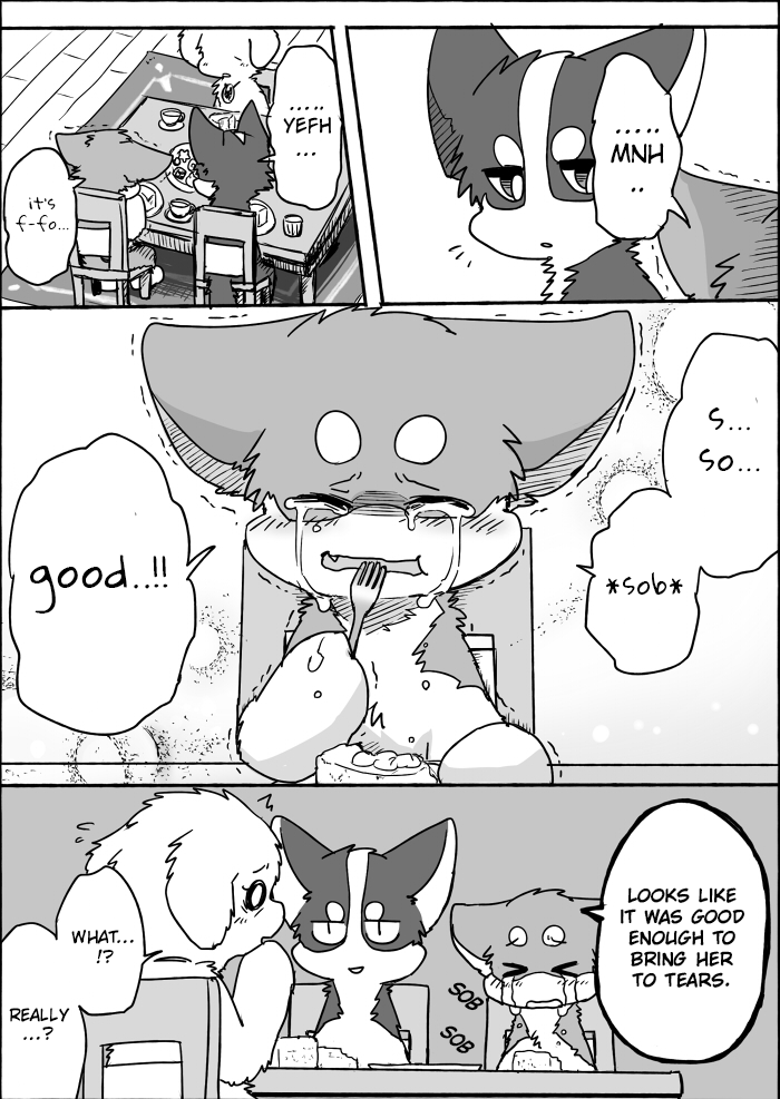 bodily_fluids crying eating eating_food feral group semi-anthro tears text ayaka kyappy shibeta canid canine canis domestic_dog husky mammal nordic_sled_dog shiba_inu spitz comic english_text monochrome