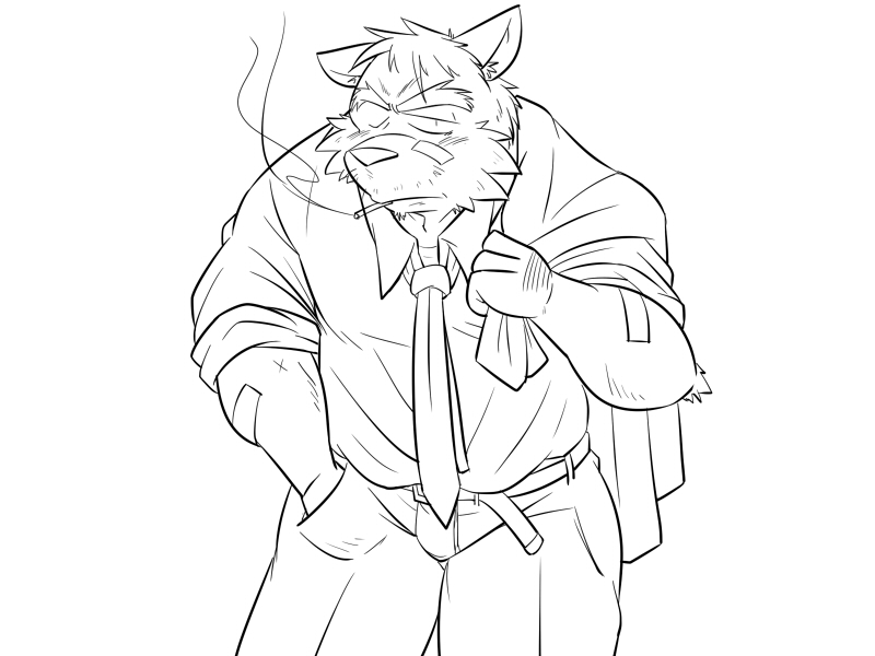 anthro bottomwear clothing humanoid_hands kemono male necktie pants shirt simple_background slightly_chubby smoking solo topwear white_background oogamikennta canid canine canis domestic_dog mammal 2015 4:3 monochrome