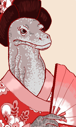 anthro asian_clothing clothed clothing east_asian_clothing female humor japanese_clothing kimono pun solo visual_pun alodie komodo_dragon lizard monitor_lizard reptile scalie 3:5 bust_portrait low_res portrait