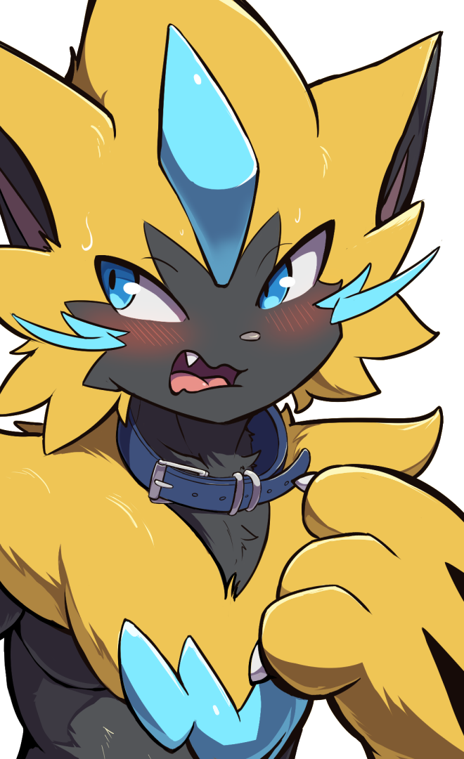 anthro black_body black_fur blue_eyes blush bodily_fluids cheek_tuft chest_tuft claws collar facial_tuft fangs finger_claws fur lightning_whiskers looking_aside male open_mouth simple_background solo sweat teeth tuft white_background yellow_body yellow_fur toshabi nintendo pokemon felid feline generation_7_pokemon legendary_pokemon mammal pokemon_(species) zeraora shaded