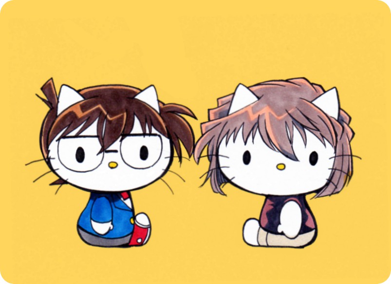 alternate_species anthro clothed clothing duo eyewear furrification glasses looking_at_viewer mouthless semi-anthro simple_background sitting whiskers yellow_background ichthy0stega detective_conan hello_kitty_(series) sanrio ai_haibara conan_edogawa domestic_cat felid feline felis mammal 2015