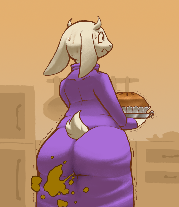 appliance big_butt bodily_fluids butt clothing cookware dessert dress eyelashes fart fart_cloud fart_fetish food fridge frying_pan huge_butt kitchen_appliance kitchen_utensils pastry pie purple_clothing purple_dress rear_view shaking shivering solo standing sweat tools jubb undertale undertale_(series) toriel boss_monster_(undertale) bovid caprine goat mammal 2021 digital_media_(artwork) signature