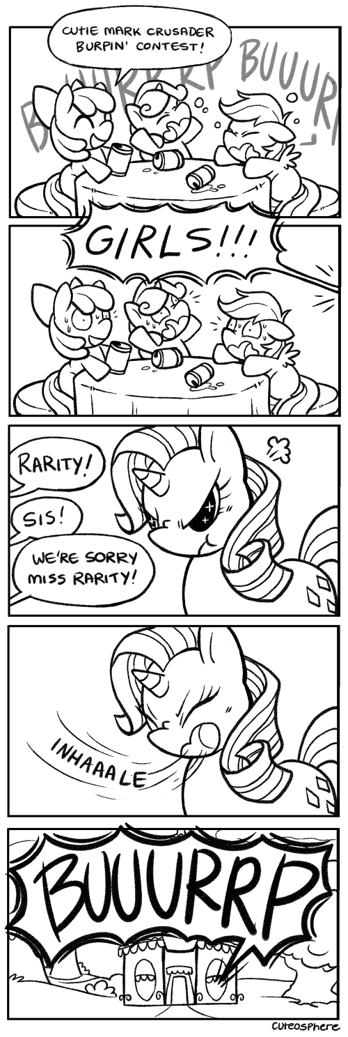 angry beverage burping can container dialogue female feral furniture group horn inhale ribbons speech_bubble table text wings young cuteosphere friendship_is_magic hasbro my_little_pony mythology apple_bloom_(mlp) cutie_mark_crusaders_(mlp) rarity_(mlp) scootaloo_(mlp) sweetie_belle_(mlp) earth_pony equid equine horse mammal mythological_creature mythological_equine pegasus pony unicorn 2013 black_and_white comic digital_media_(artwork) english_text hi_res monochrome sibling_(lore) sister_(lore) sisters_(lore)