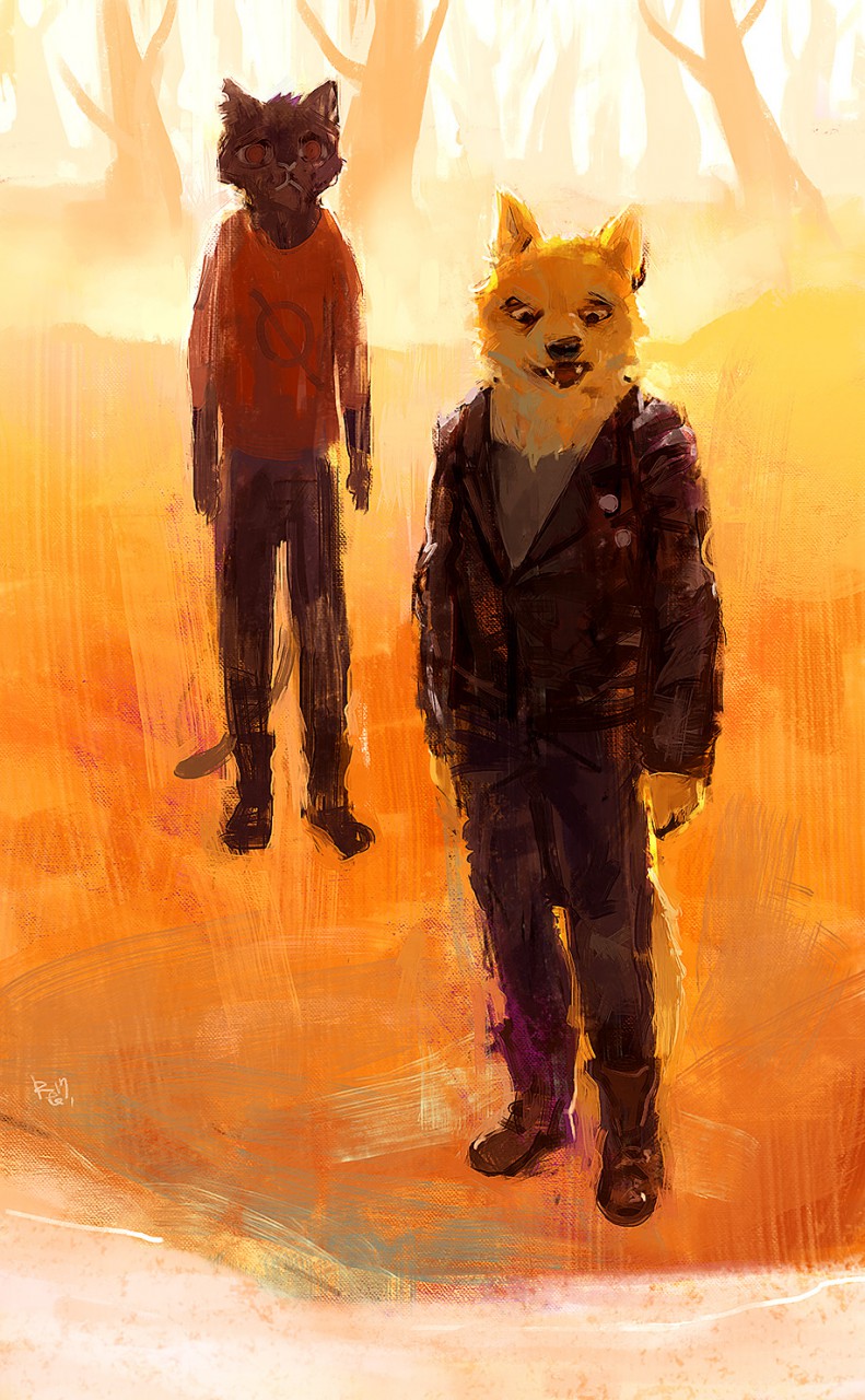 ambiguous_gender anthro black_nose boots bottomwear clothed clothing denim denim_bottomwear denim_clothing duo footwear fur jacket jeans outside pants plant shirt shoes teeth topwear tree racoonwolf night_in_the_woods gregg_lee mae_borowski canid canine domestic_cat felid feline felis fox mammal 2017 digital_media_(artwork) hi_res