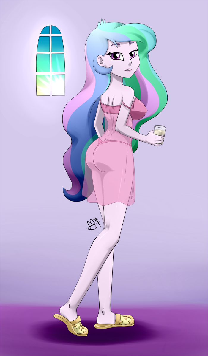 butt clothed clothing female hair human_only long_hair looking_at_viewer looking_back multicolored_hair not_furry off_shoulder smile solo pia-sama equestria_girls friendship_is_magic hasbro my_little_pony princess_celestia_(eg) human mammal digital_media_(artwork) grandfathered_content