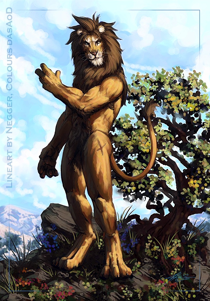 anthro flaccid foreskin genitals male nude partially_retracted_foreskin penis scar solo tail dasaod negy felid lion mammal pantherine source_request