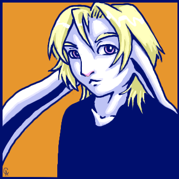 anthro biped blonde_hair clothed clothing ears_down front_view fully_clothed hair long_ears male orange_background outline pink_eyes pivoted_ears simple_background solo white_body calli aoi_(calli) lagomorph leporid mammal rabbit 1:1 digital_media_(artwork) half-length_portrait low_res oekaki portrait restricted_palette