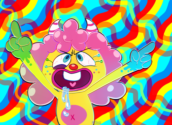 2_horns ambiguous_gender anthro bodily_fluids buckteeth clown curled_hair drooling gloves_(marking) hair horn lips markings navel on_model psychedelic rainbow saliva solo teeth toony anpandough moshi_monsters sweet_tooth_(moshi_monsters) monster_(moshi_monsters) colorful_theme nonbinary_(lore)