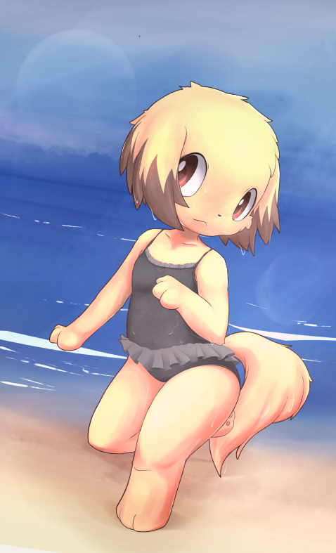 anthro beach clothing female flat_chested fur one-piece_swimsuit outside paws sea seaside sky solo swimwear tan_body tan_fur water wet young mei_(artist) canid canine canis domestic_dog mammal 2015