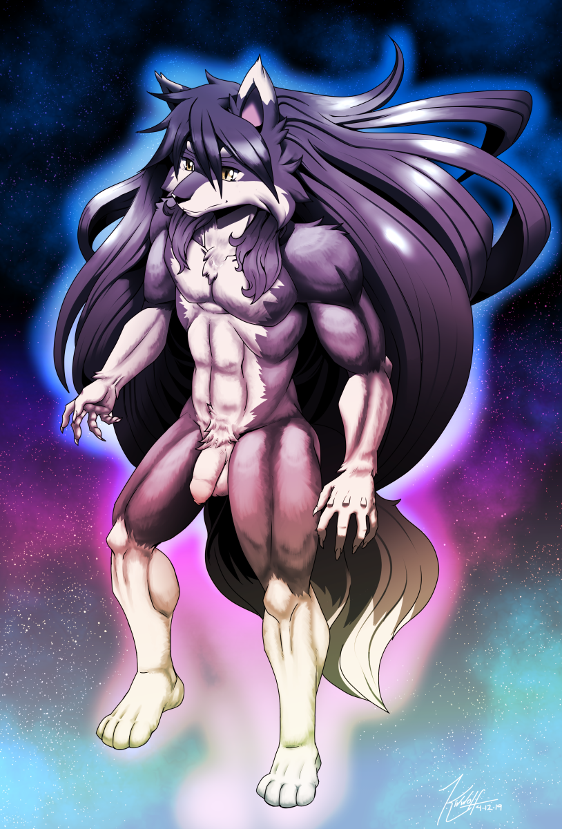 anthro balls chest_tuft flaccid foreskin genitals hair humanoid_genitalia humanoid_penis long_hair male muscular muscular_anthro muscular_male nude penis solo space tuft unretracted_foreskin yellow_eyes kivwolf kiv_(kivwolf) canid canine canis mammal wolf 2019 hi_res