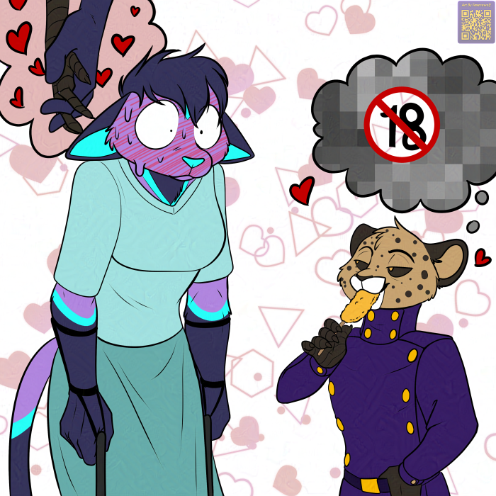 anthro black_sclera blue_nose blush bodily_fluids brown_nose clothed clothing cybernetics duo female hair hand_holding heart_symbol machine male male/male purple_hair purple_uniform sweat yellow_eyes foxenawolf isla_aukate diamond_(turbo_mcgogo) turbo_(turbo_mcgogo) cheetah cyborg felid feline hybrid mammal 2024 adversarial_noise censored