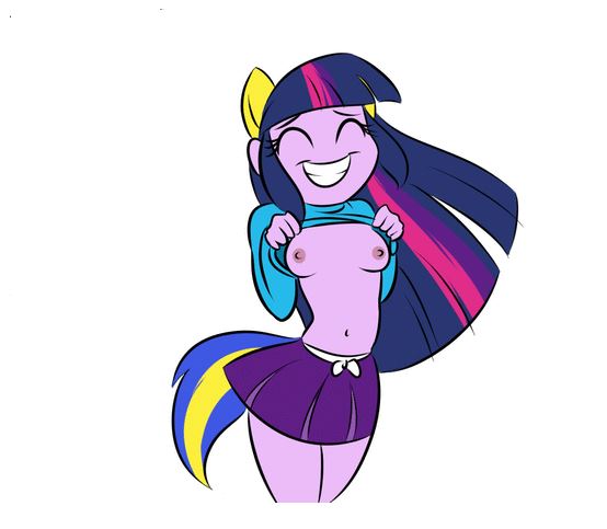 alternate_species bottomwear breasts clothed clothing clothing_lift eyes_closed fake_ears fake_equine_ears female flashing hair humanized navel nipples purple_body purple_hair purple_skin shirt shirt_lift skirt smile solo topwear ponut_joe equestria_girls hasbro my_little_pony twilight_sparkle_(eg) human mammal