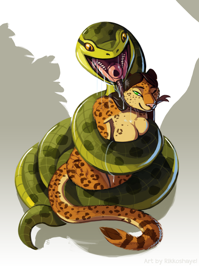 anthro bodily_fluids breasts coiling drooling duo female feral interspecies licking male male/female open_mouth saliva tongue tongue_out tongue_sheath vore wooperworks anaconda boa_(snake) boinae felid leopard mammal pantherine reptile scalie snake 3:4