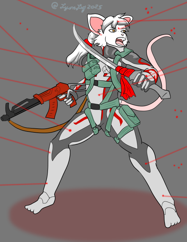 anthro clothed clothing exosuit fur hair holding_melee_weapon holding_object holding_sword holding_weapon laser_sight male melee_weapon military_clothing open_mouth ponytail ranged_weapon sword weapon white_body white_fur yellow_eyes lyonley excalibur_(warframe) ren_(petruz) mammal murid murine rat rodent