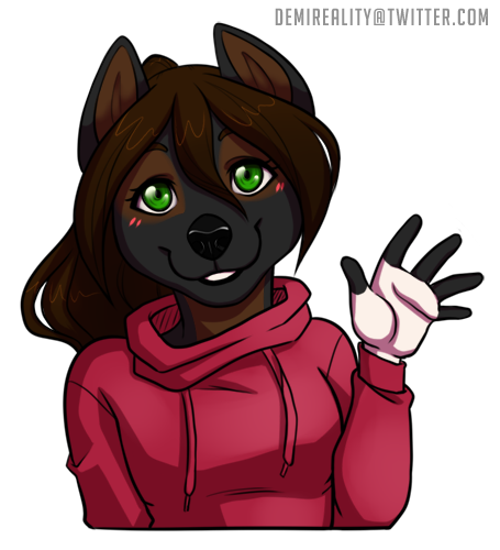 anthro black_body blush brown_body brown_hair clothed clothing female front_view gesture glistening glistening_eyes green_eyes hair hoodie looking_at_viewer red_clothing red_hoodie red_topwear simple_background solo topwear transparent_background waving waving_at_viewer demireality canid mammal alpha_channel low_res